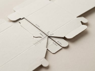 Macro close-up of unfolded rigid box template showing precise die-cut lines and caliper measurements, soft studio lighting, neutral backdrop, 85mm