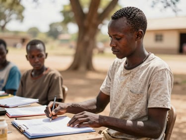 Action shot of a young Kenyan man teaching a workshop outdoors, hands-on demonstration, warm sunlight, authentic documentary style.