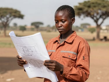 Medium portrait of a young Kenyan woman in a terracotta work jacket, holding technical blueprints outdoors, bright natural daylight, 35mm lens.