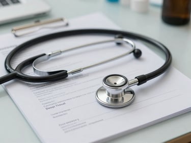 A close-up of a neat clinical desk with a stethoscope resting on top of official medical credential documents, bright and sharp neutral lighting.
