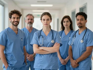 A professional portrait of a diverse nursing team in clean blue scrubs in a bright, modern clinical hallway, neutral daylight, medium-close up.