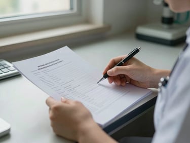 Close-up of care professional hands reviewing printed documentation on a desk, natural afternoon window light, institutional setting, unhurried and methodical atmosphere