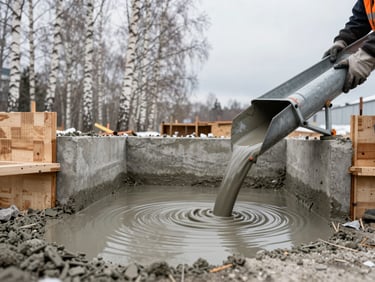 Low-angle close-up of a concrete foundation being poured at a residential site in winter, formwork boards visible on either side, liquid concrete catching flat overcast light, a worker's gloved hands steadying a chute at the right edge, Novosibirsk birch trees in the blurred background