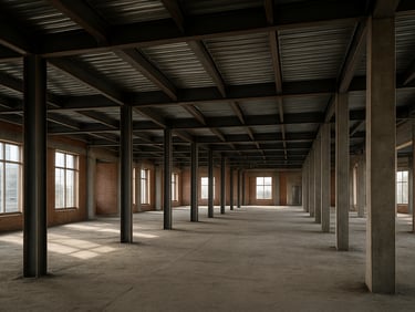Wide interior shot of a commercial building shell under construction in Novosibirsk, steel beams and concrete columns visible, natural daylight through unfinished window openings, no people