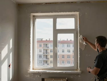 Interior renovation in progress — stripped-back walls, new window framing installed, a worker's hands applying plaster, natural window light, Novosibirsk apartment building context visible outside
