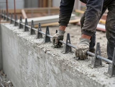 Close-up of concrete foundation being poured at a residential construction site in Novosibirsk, workers' gloved hands guiding the formwork, natural overcast daylight, raw materials visible