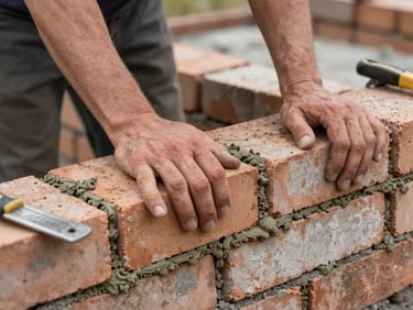 Close-up of hands laying brick courses on a residential foundation in Novosibirsk, mortar joints fresh, overcast daylight, tools visible at the edge of frame