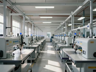 Symmetrical wide shot of modern industrial sewing machinery, bright clean daylight, architectural steel frames, precise blue indicator lights.
