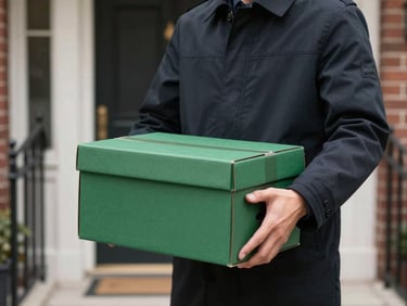 A professional courier in a tailored, unbranded dark coat holding a sleek, unmarked matte green box, clean modern DC townhouse entrance in the soft-focus background.
