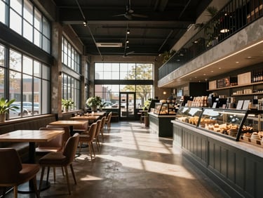 Atmospheric wide shot of a boutique food hall with natural light streaming through high windows, empty of crowds