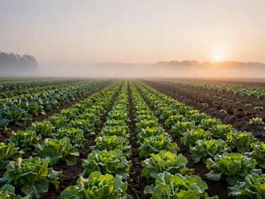 Misty organic farm field at sunrise, rows of fresh leafy greens, low horizon, atmospheric morning fog.