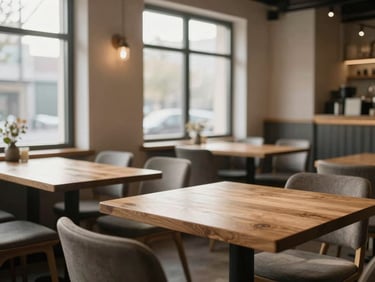 Cozy Scandinavian-style restaurant interior, empty wooden tables, soft morning light through large windows, minimalist design.