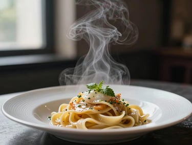 Macro shot of fresh steam rising from a plated handmade pasta dish, dark background, natural window light