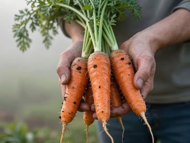 Close-up of hands holding freshly harvested carrots with soil clinging to them, misty morning light