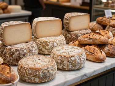Boutique food market display, artisanal cheese wheels and fresh sourdough bread arranged on a marble counter, soft diffused lighting.