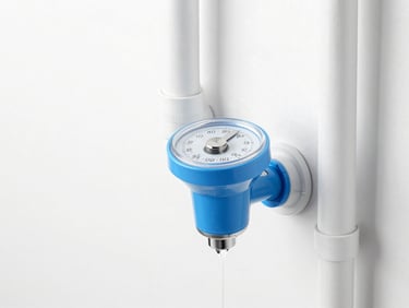 Sleek, modern water meter with clear numbers, surrounded by clean, minimal pipes, bright high-key studio light, minimalist blue and white tones, 50mm.