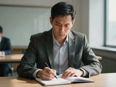Tight crop of a single professional at a conference table, hands resting on an open notebook, intense focused expression, available window light from the right side casting natural shadow across the face, background blurred boardroom context, no smile, documentary framing
