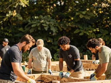 Candid shot of a diverse group of community volunteers working together on an outdoor building project, warm natural daylight, deep green foliage in the background, 35mm