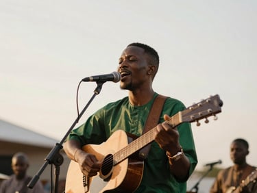 A warm environmental portrait of a live acoustic concert in Lagos, soft golden-hour stage lighting, an expressive singer with a guitar, shallow depth of field, 35mm