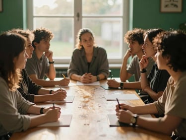 An intimate workshop setting with adults engaged in active discussion around a wooden table, warm sunlight streaming through a window, shallow depth of field, 35mm