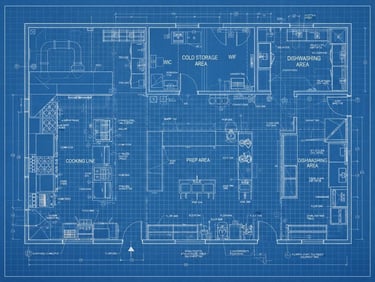 Overhead view of a highly detailed commercial kitchen CAD blueprint, sharp lines, blue drafting grid, technical accuracy, 35mm