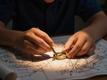 A close-up of a child's hands carefully aligning a brass compass over a detailed blueprint map, dramatic low-key lighting with a warm amber spotlight glow, cinematic 50mm lens