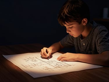Low-angle heroic shot of a child analyzing a technical blueprint under focused amber spotlighting, cinematic dramatic photography.