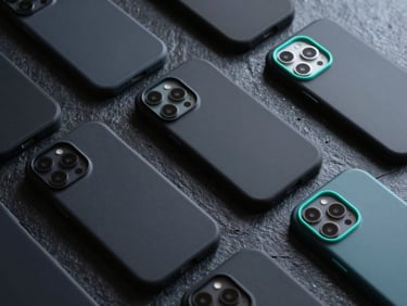 Sleek dark phone cases arranged in a clean flat-lay on a dark textured slate background, neon teal accents