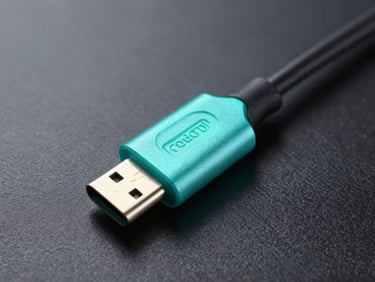Close-up of a USB-C cable connector with neon teal glow on a dark metallic surface, sharp macro details