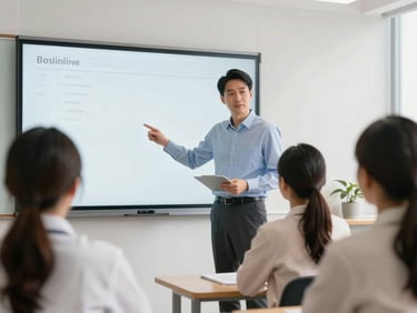 Professional healthcare educator standing by a digital whiteboard in a bright, modern classroom, instructing adult students