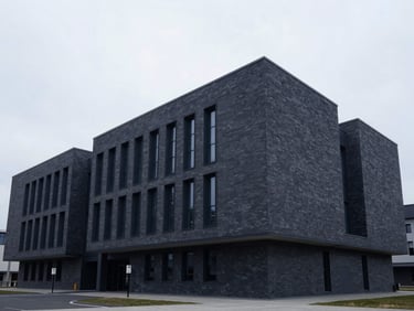 Wide angle architectural photograph of a modern court building exterior, cool overcast daylight, desaturated navy tones, sharp focus.