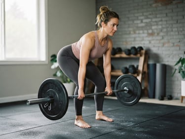 Real woman performing a deadlift with perfect form, soft natural window light, focused expression, muted blush and gray tones, shallow depth of field, 35mm