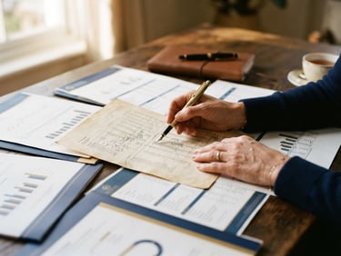 Close-up of hands reviewing physical financial documents on a dark oak table, warm natural window light, elegant shadows, shallow depth of field, 35mm