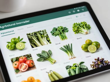 A tablet screen showing a modern agricultural marketplace interface, clean product cards of local crops, bright natural lighting