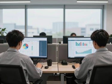 Environmental wide shot of a real office interior, two people seated at separate workstations visible from behind, screens showing analytics dashboards with ranking charts and traffic graphs, overcast daylight through large windows, clean uncluttered space, mid-depth focus