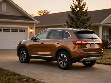 A family SUV parked in a clean suburban driveway at sunset, warm light reflecting off the vehicle, rich tones