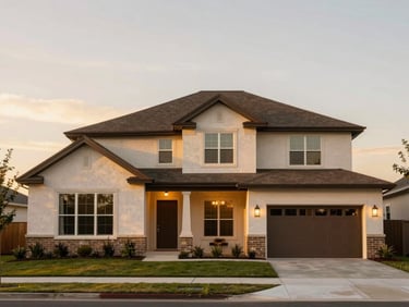 A beautiful modern Texas suburban home under a soft golden-hour sky, warm natural light, clean composition