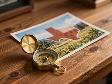 Close-up of a rustic wooden desk with a vintage brass compass and Texas landscape photo, bathed in warm natural light.