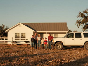A warm, environmental shot of a Texas family ranch with a vehicle parked near the house, soft natural shadows