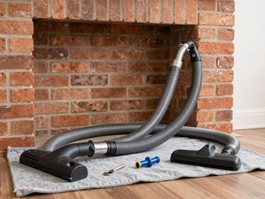 Industrial HEPA vacuum hose sealed tightly against a clean brick fireplace hearth, specialized tools laid out neatly on a gray drop cloth, sharp focus.