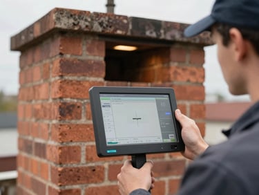 Close-up of a technician monitoring a sharp digital diagnostic screen displaying the clean interior of a brick chimney flue, warm work light, 35mm lens.