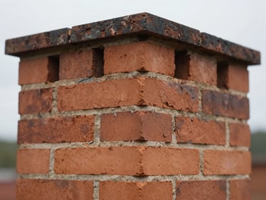 Macro shot of fresh, clean terracotta mortar joints in a restored brick chimney, overcast natural daylight, sharp focus, 35mm lens.