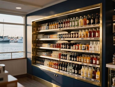 Clean well-lit interior of a premium marina convenience store, neatly stocked shelves of craft beverages and local refreshments, 35mm