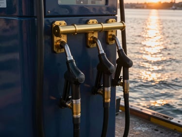 Close-up of high-tech marine fuel dispensers at the dock edge, gleaming brass hardware, sunset light reflecting off the water, 35mm