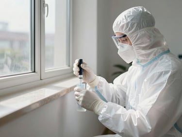 A professional technician in clean, modern white protective gear applying a targeted chemical barrier along a clean apartment baseboard, bright natural daylight.