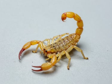 Macro photograph of a yellow scorpion (escorpião amarelo) on a light grey sterile surface, sharp focus, clinical daylight.