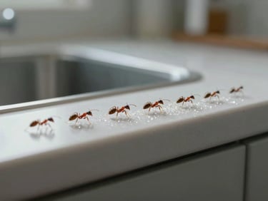Macro photograph of tiny sugar ants trailing across a clean kitchen counter, bright daylight, clinical focus.