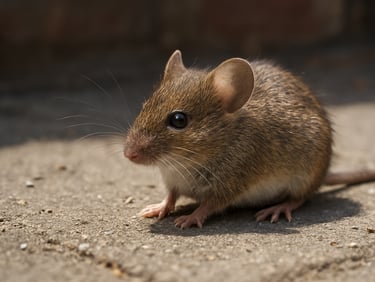 Clinical macro shot of a small field mouse in an urban environment, bright daylight, clear details