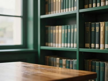 A clean, modern library setting with books on dark emerald shelves, soft window light reflecting on a wooden table