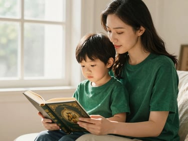 A mother and child sitting together in a sunlit room, reading a beautifully bound book, warm editorial photography, soft natural light